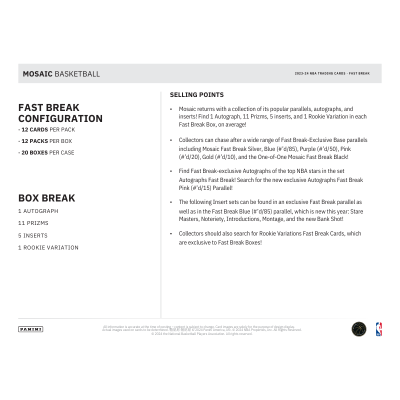 2023/24 Panini Mosaic Basketball Fast Break 20 Box Case